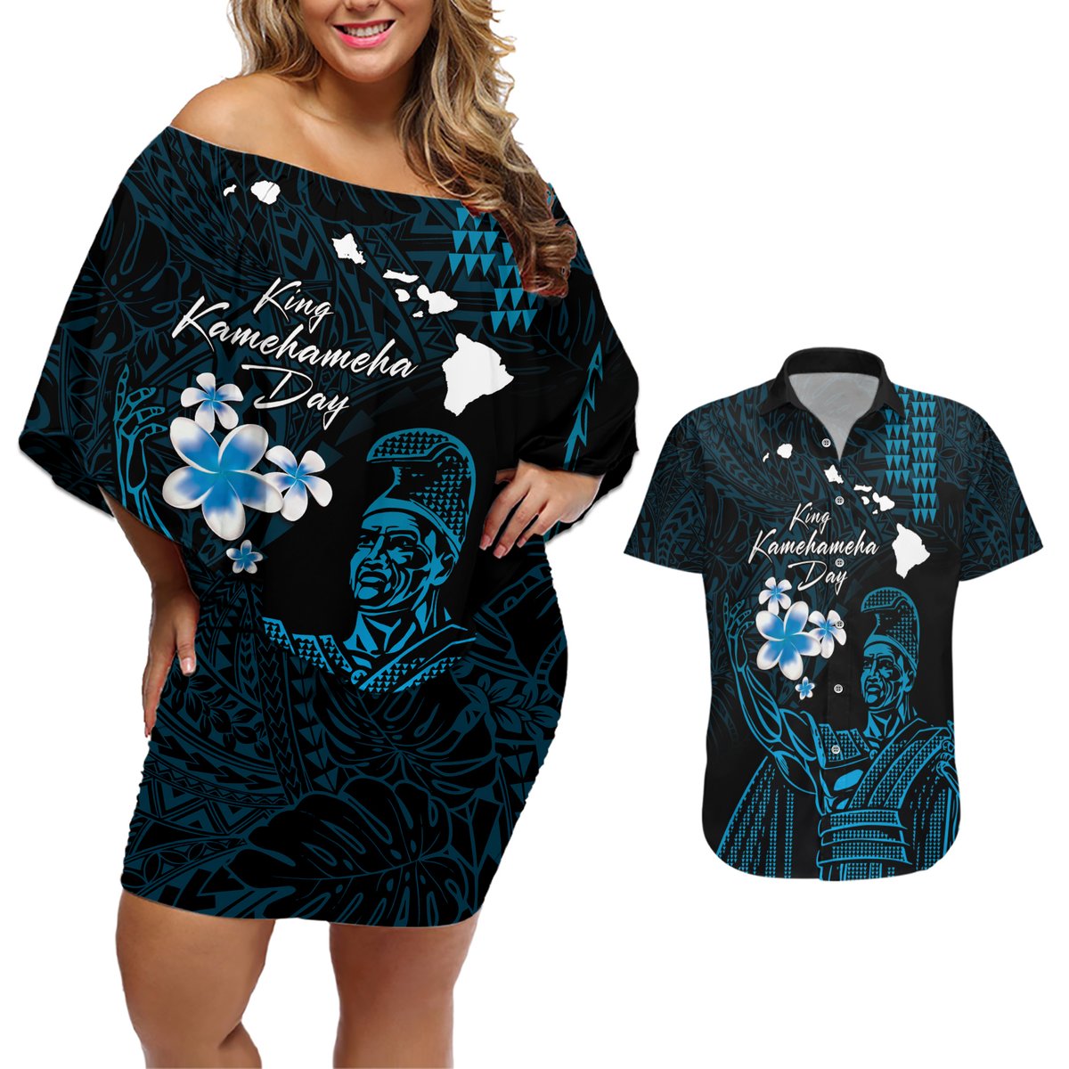 Personalised Hawaii King Kamehameha Day Couples Matching Off Shoulder Short Dress and Hawaiian Shirt Plumeria With Kakau Pattern - Blue LT14 Blue - Polynesian Pride