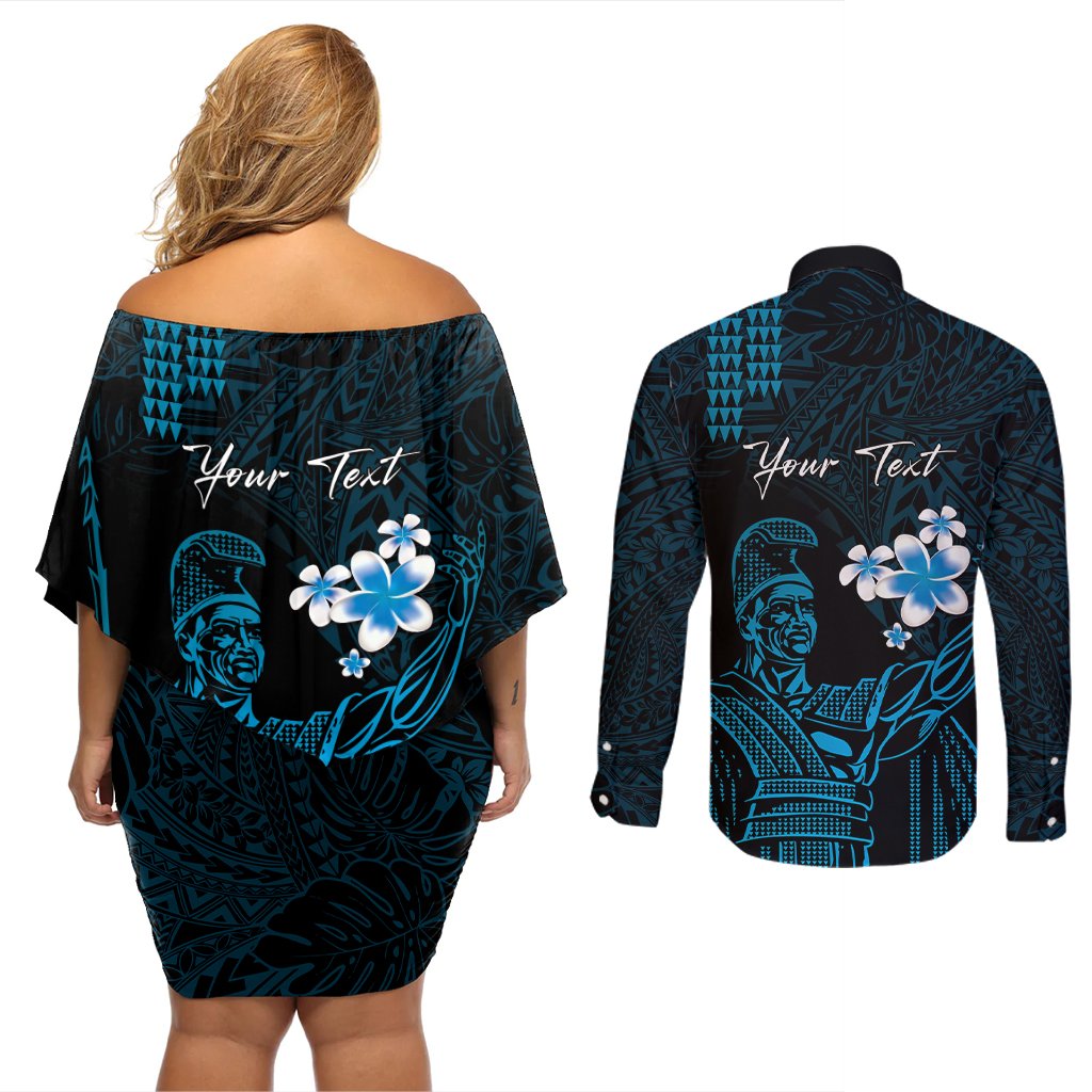 Personalised Hawaii King Kamehameha Day Couples Matching Off Shoulder Short Dress and Long Sleeve Button Shirt Plumeria With Kakau Pattern - Blue LT14 - Polynesian Pride
