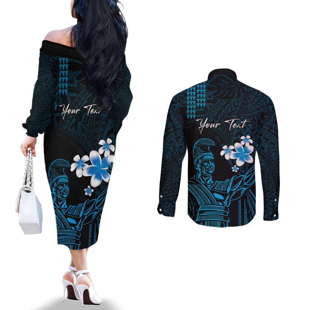 Personalised Hawaii King Kamehameha Day Couples Matching Off The Shoulder Long Sleeve Dress and Long Sleeve Button Shirt Plumeria With Kakau Pattern - Blue LT14 - Polynesian Pride