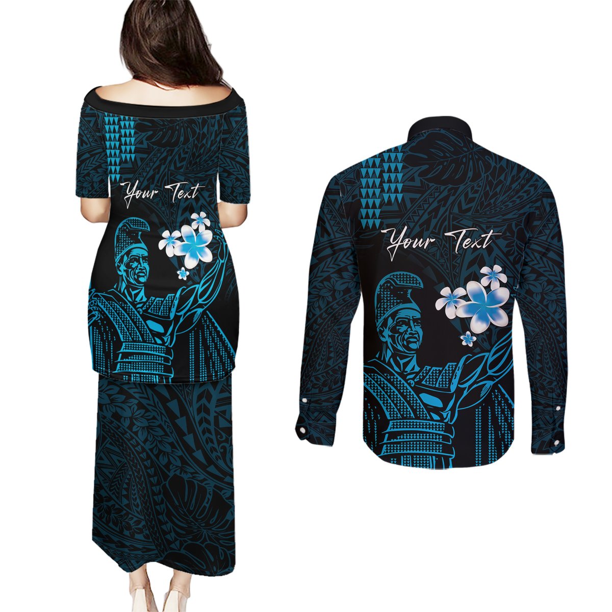 Personalised Hawaii King Kamehameha Day Couples Matching Puletasi and Long Sleeve Button Shirt Plumeria With Kakau Pattern - Blue