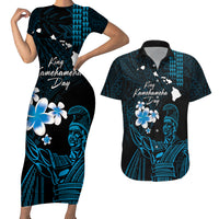 Personalised Hawaii King Kamehameha Day Couples Matching Short Sleeve Bodycon Dress and Hawaiian Shirt Plumeria With Kakau Pattern - Blue LT14 Blue - Polynesian Pride