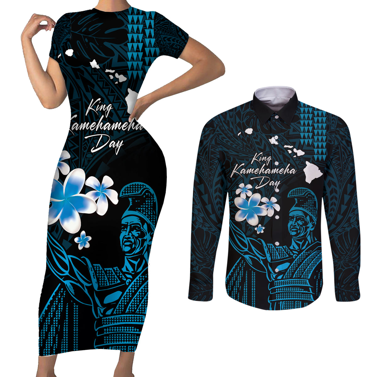 Personalised Hawaii King Kamehameha Day Couples Matching Short Sleeve Bodycon Dress and Long Sleeve Button Shirt Plumeria With Kakau Pattern - Blue LT14 Blue - Polynesian Pride