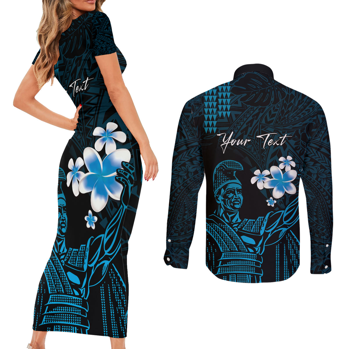 Personalised Hawaii King Kamehameha Day Couples Matching Short Sleeve Bodycon Dress and Long Sleeve Button Shirt Plumeria With Kakau Pattern - Blue LT14 - Polynesian Pride