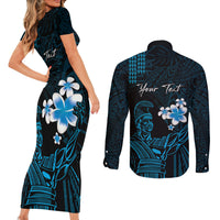 Personalised Hawaii King Kamehameha Day Couples Matching Short Sleeve Bodycon Dress and Long Sleeve Button Shirt Plumeria With Kakau Pattern - Blue LT14 - Polynesian Pride