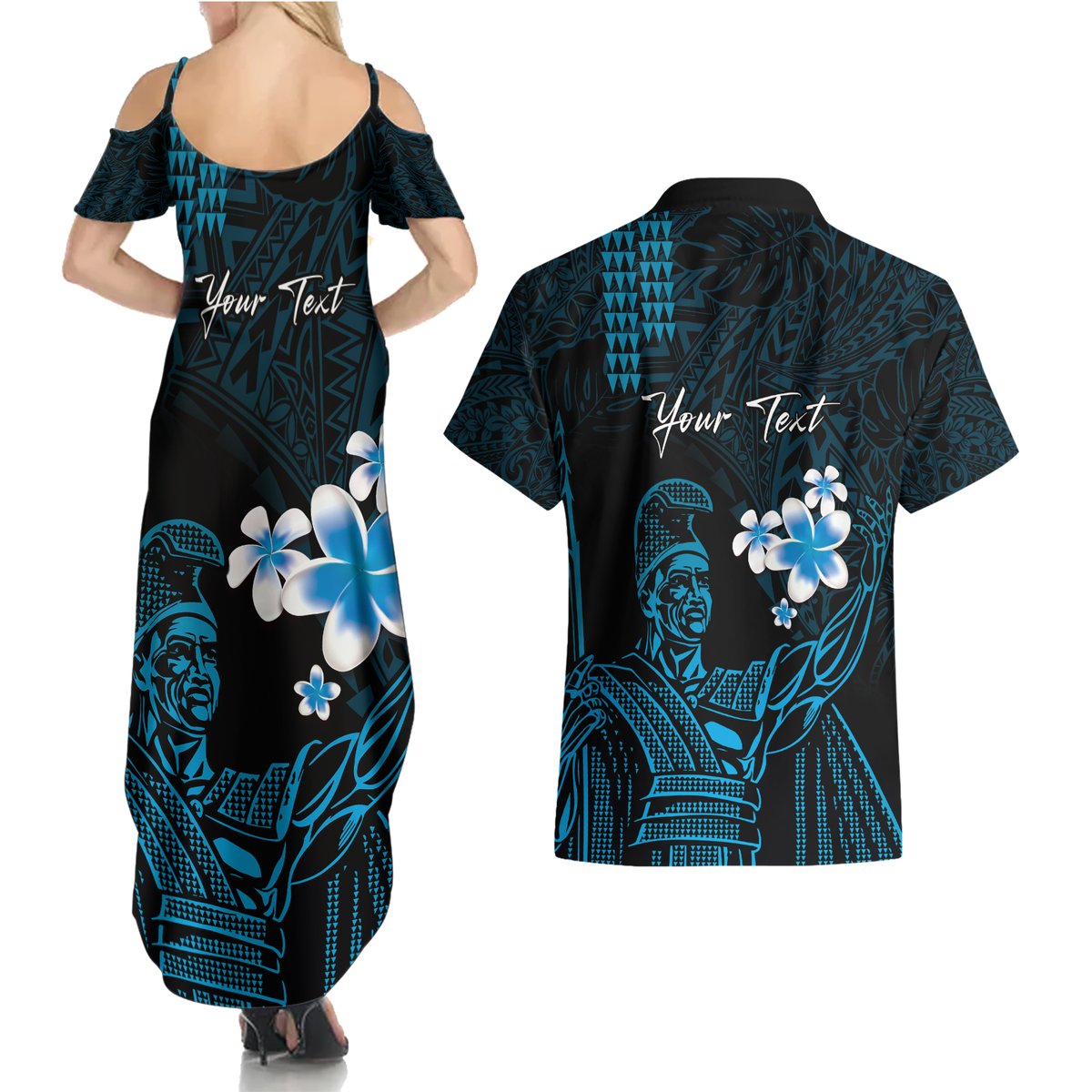Personalised Hawaii King Kamehameha Day Couples Matching Summer Maxi Dress and Hawaiian Shirt Plumeria With Kakau Pattern - Blue LT14 - Polynesian Pride
