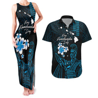 Personalised Hawaii King Kamehameha Day Couples Matching Tank Maxi Dress and Hawaiian Shirt Plumeria With Kakau Pattern - Blue LT14 Blue - Polynesian Pride