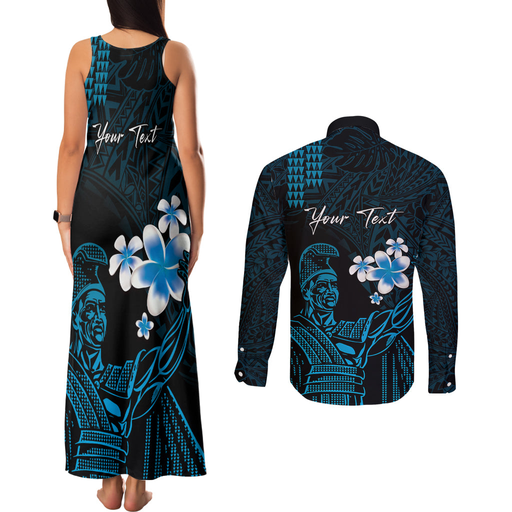 Personalised Hawaii King Kamehameha Day Couples Matching Tank Maxi Dress and Long Sleeve Button Shirt Plumeria With Kakau Pattern - Blue LT14 - Polynesian Pride