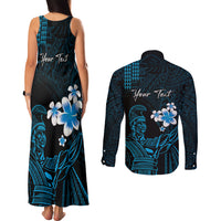 Personalised Hawaii King Kamehameha Day Couples Matching Tank Maxi Dress and Long Sleeve Button Shirt Plumeria With Kakau Pattern - Blue LT14 - Polynesian Pride