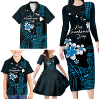 Personalised Hawaii King Kamehameha Day Family Matching Long Sleeve Bodycon Dress and Hawaiian Shirt Plumeria With Kakau Pattern - Blue LT14 - Polynesian Pride
