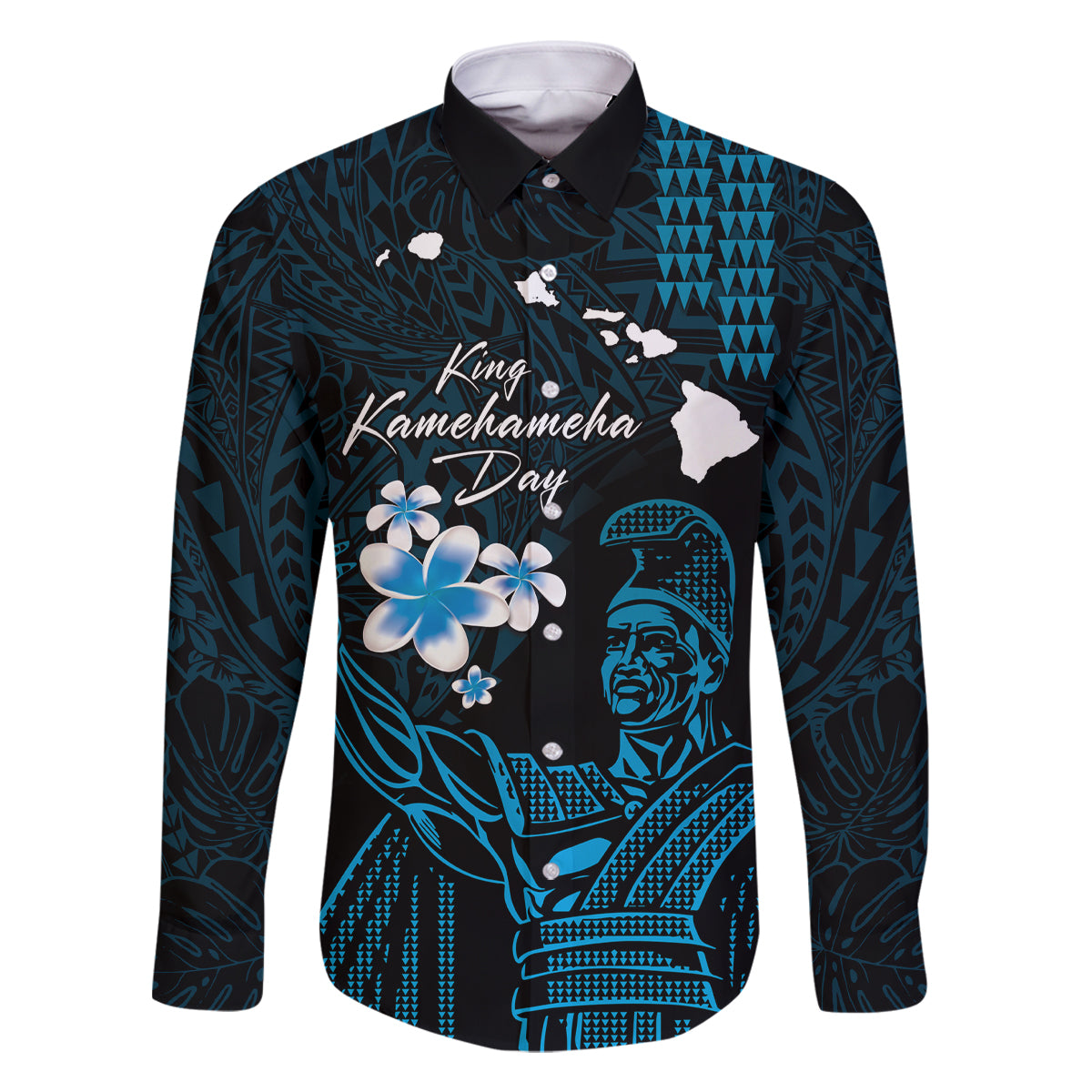 Personalised Hawaii King Kamehameha Day Family Matching Long Sleeve Bodycon Dress and Hawaiian Shirt Plumeria With Kakau Pattern - Blue LT14 Dad's Shirt - Long Sleeve Blue - Polynesian Pride