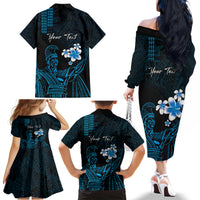 Personalised Hawaii King Kamehameha Day Family Matching Off The Shoulder Long Sleeve Dress and Hawaiian Shirt Plumeria With Kakau Pattern - Blue LT14 - Polynesian Pride