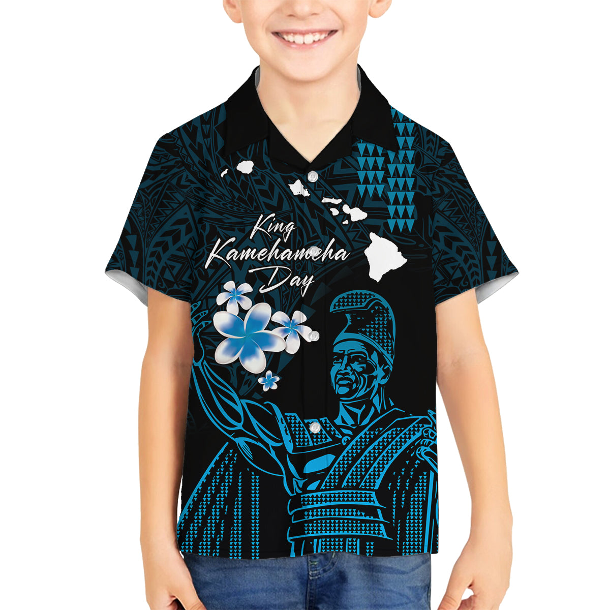 Personalised Hawaii King Kamehameha Day Family Matching Off The Shoulder Long Sleeve Dress and Hawaiian Shirt Plumeria With Kakau Pattern - Blue LT14 Son's Shirt Blue - Polynesian Pride