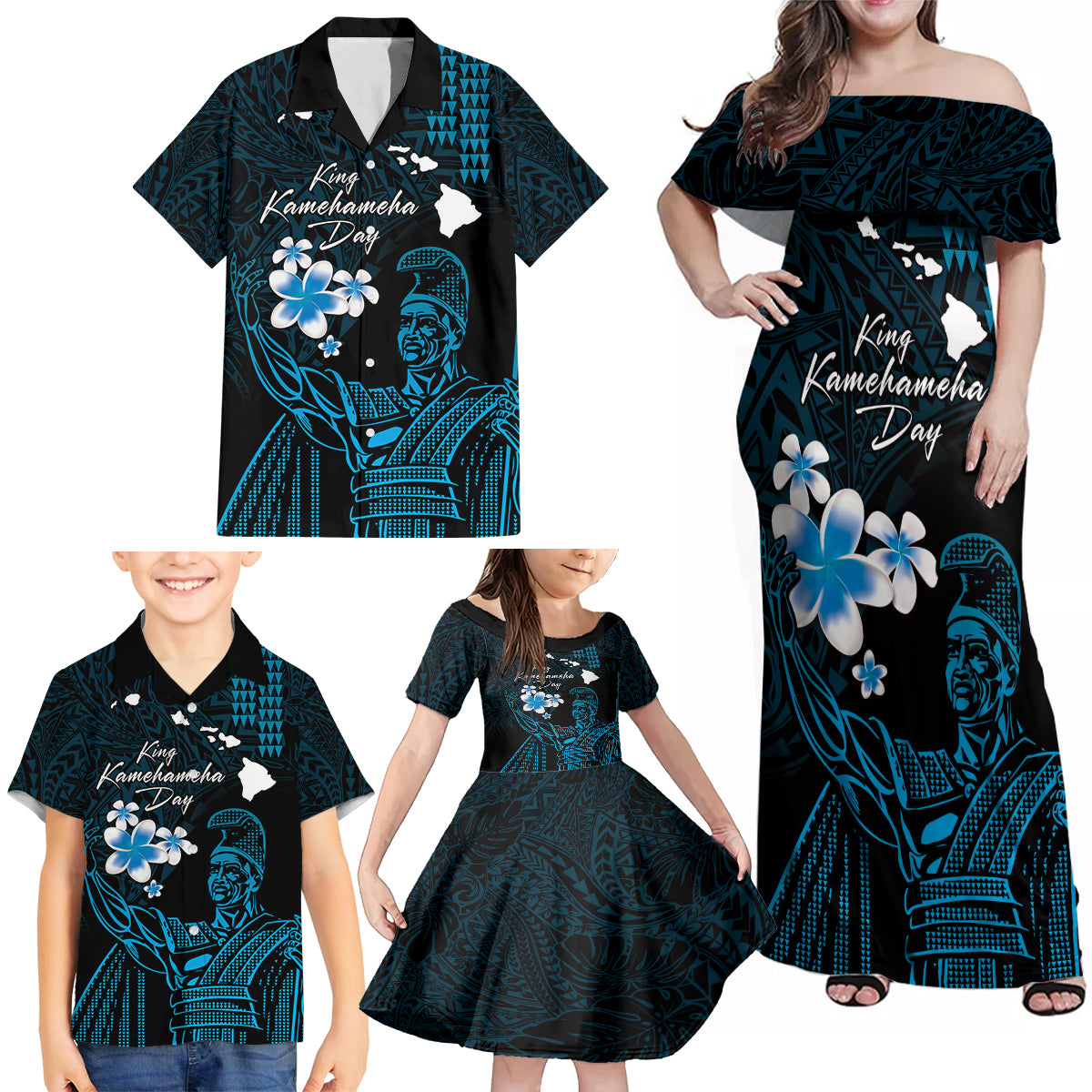 Personalised Hawaii King Kamehameha Day Family Matching Off Shoulder Maxi Dress and Hawaiian Shirt Plumeria With Kakau Pattern - Blue LT14 - Polynesian Pride