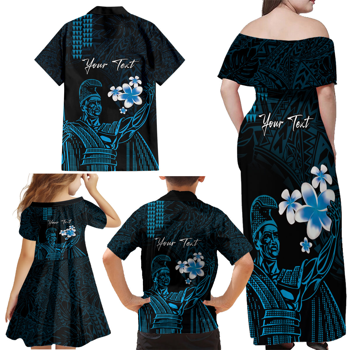 Personalised Hawaii King Kamehameha Day Family Matching Off Shoulder Maxi Dress and Hawaiian Shirt Plumeria With Kakau Pattern - Blue LT14 - Polynesian Pride