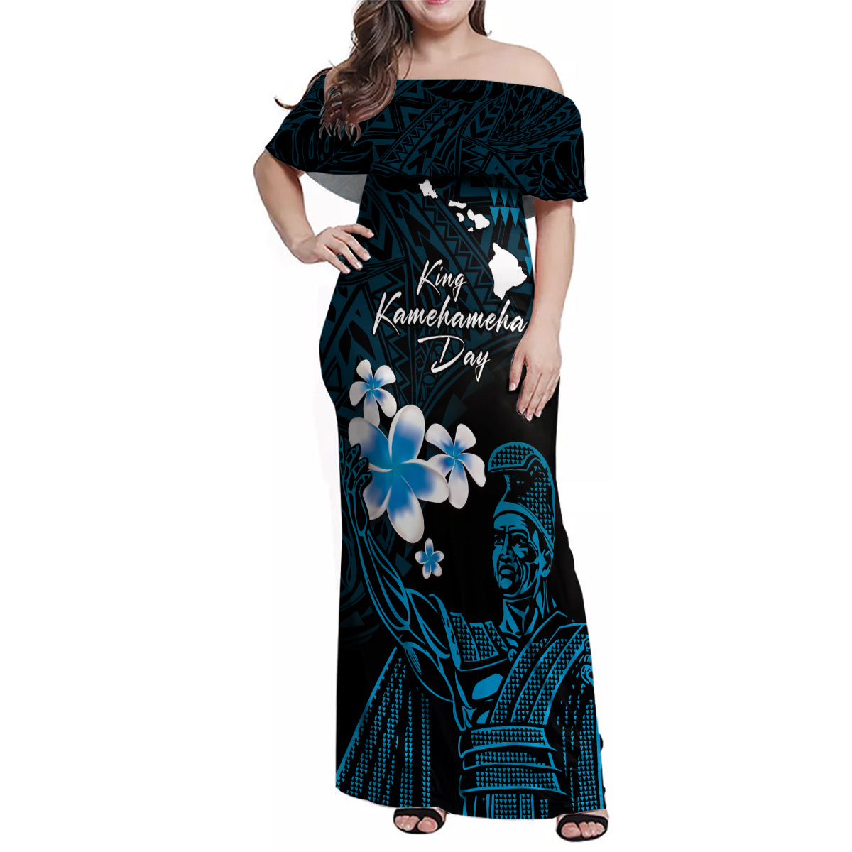 Personalised Hawaii King Kamehameha Day Family Matching Off Shoulder Maxi Dress and Hawaiian Shirt Plumeria With Kakau Pattern - Blue LT14 Mom's Dress Blue - Polynesian Pride