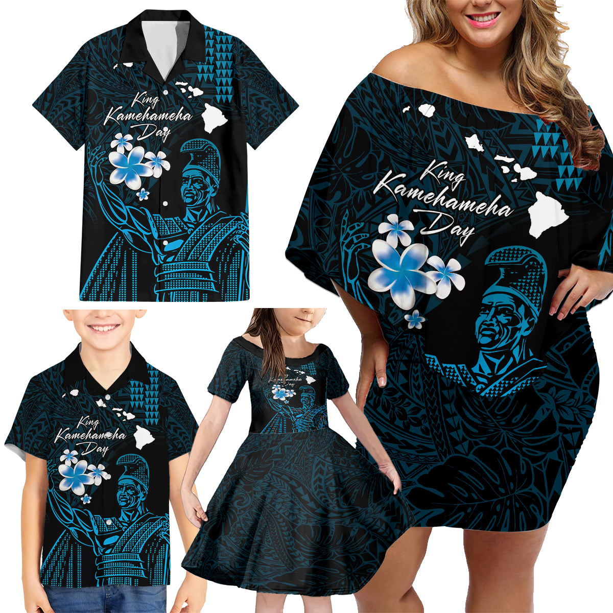 Personalised Hawaii King Kamehameha Day Family Matching Off Shoulder Short Dress and Hawaiian Shirt Plumeria With Kakau Pattern - Blue LT14 - Polynesian Pride