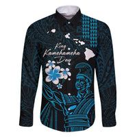 Personalised Hawaii King Kamehameha Day Family Matching Off Shoulder Short Dress and Hawaiian Shirt Plumeria With Kakau Pattern - Blue LT14 Dad's Shirt - Long Sleeve Blue - Polynesian Pride