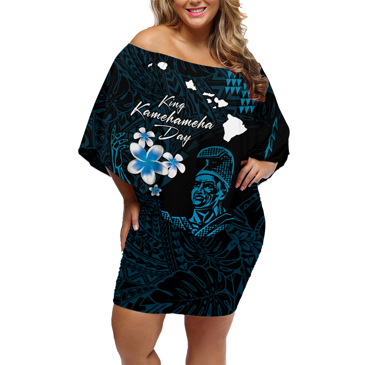 Personalised Hawaii King Kamehameha Day Family Matching Off Shoulder Short Dress and Hawaiian Shirt Plumeria With Kakau Pattern - Blue LT14 Mom's Dress Blue - Polynesian Pride