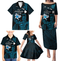 Personalised Hawaii King Kamehameha Day Family Matching Puletasi and Hawaiian Shirt Plumeria With Kakau Pattern - Blue LT14 - Polynesian Pride
