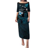Personalised Hawaii King Kamehameha Day Family Matching Puletasi and Hawaiian Shirt Plumeria With Kakau Pattern - Blue LT14 Mom's Dress Blue - Polynesian Pride