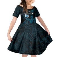 Personalised Hawaii King Kamehameha Day Family Matching Short Sleeve Bodycon Dress and Hawaiian Shirt Plumeria With Kakau Pattern - Blue LT14 Daughter's Dress Blue - Polynesian Pride
