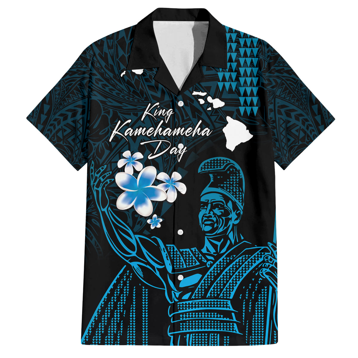 Personalised Hawaii King Kamehameha Day Family Matching Summer Maxi Dress and Hawaiian Shirt Plumeria With Kakau Pattern - Blue LT14 Dad's Shirt - Short Sleeve Blue - Polynesian Pride