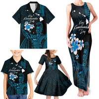 Personalised Hawaii King Kamehameha Day Family Matching Tank Maxi Dress and Hawaiian Shirt Plumeria With Kakau Pattern - Blue LT14 - Polynesian Pride
