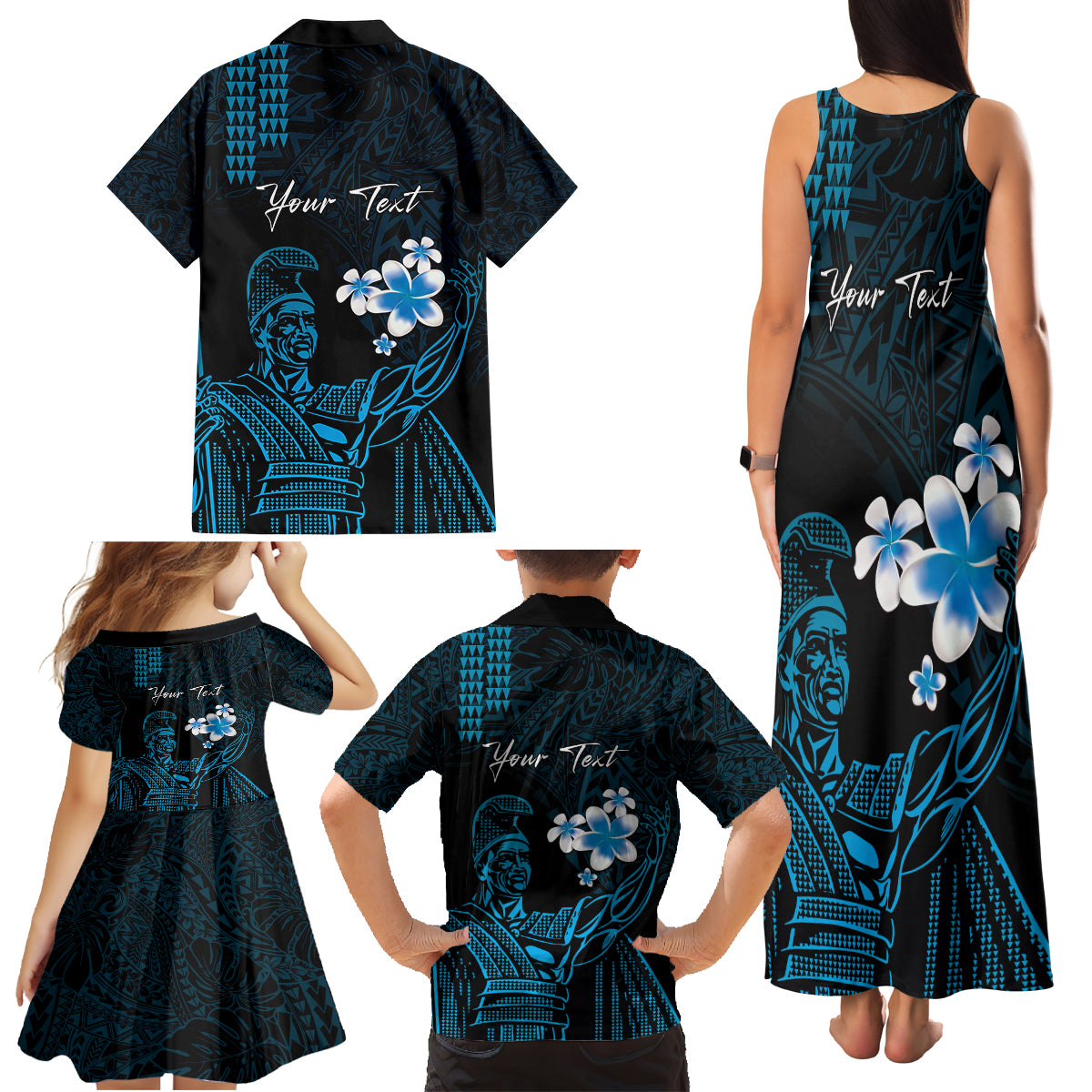 Personalised Hawaii King Kamehameha Day Family Matching Tank Maxi Dress and Hawaiian Shirt Plumeria With Kakau Pattern - Blue LT14 - Polynesian Pride