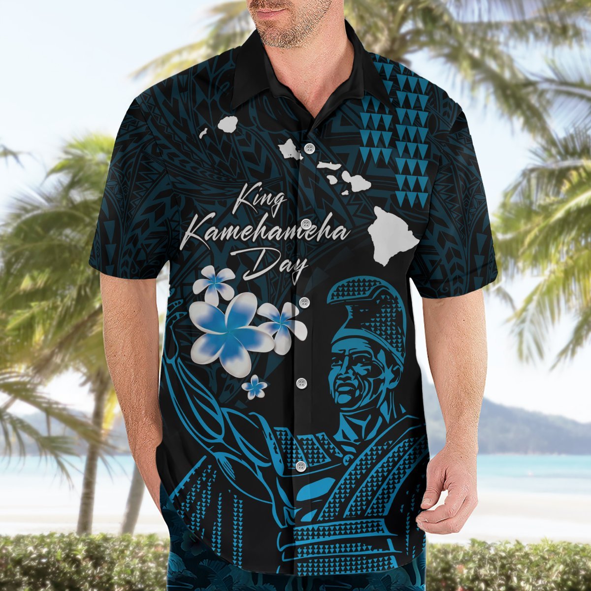 Personalised Hawaii King Kamehameha Day Hawaiian Shirt Plumeria With Kakau Pattern - Blue LT14 - Polynesian Pride