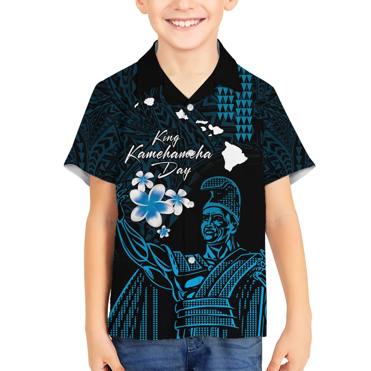 Personalised Hawaii King Kamehameha Day Hawaiian Shirt Plumeria With Kakau Pattern - Blue LT14 - Polynesian Pride