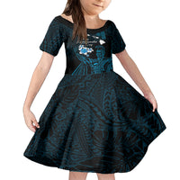 Personalised Hawaii King Kamehameha Day Kid Short Sleeve Dress Plumeria With Kakau Pattern - Blue