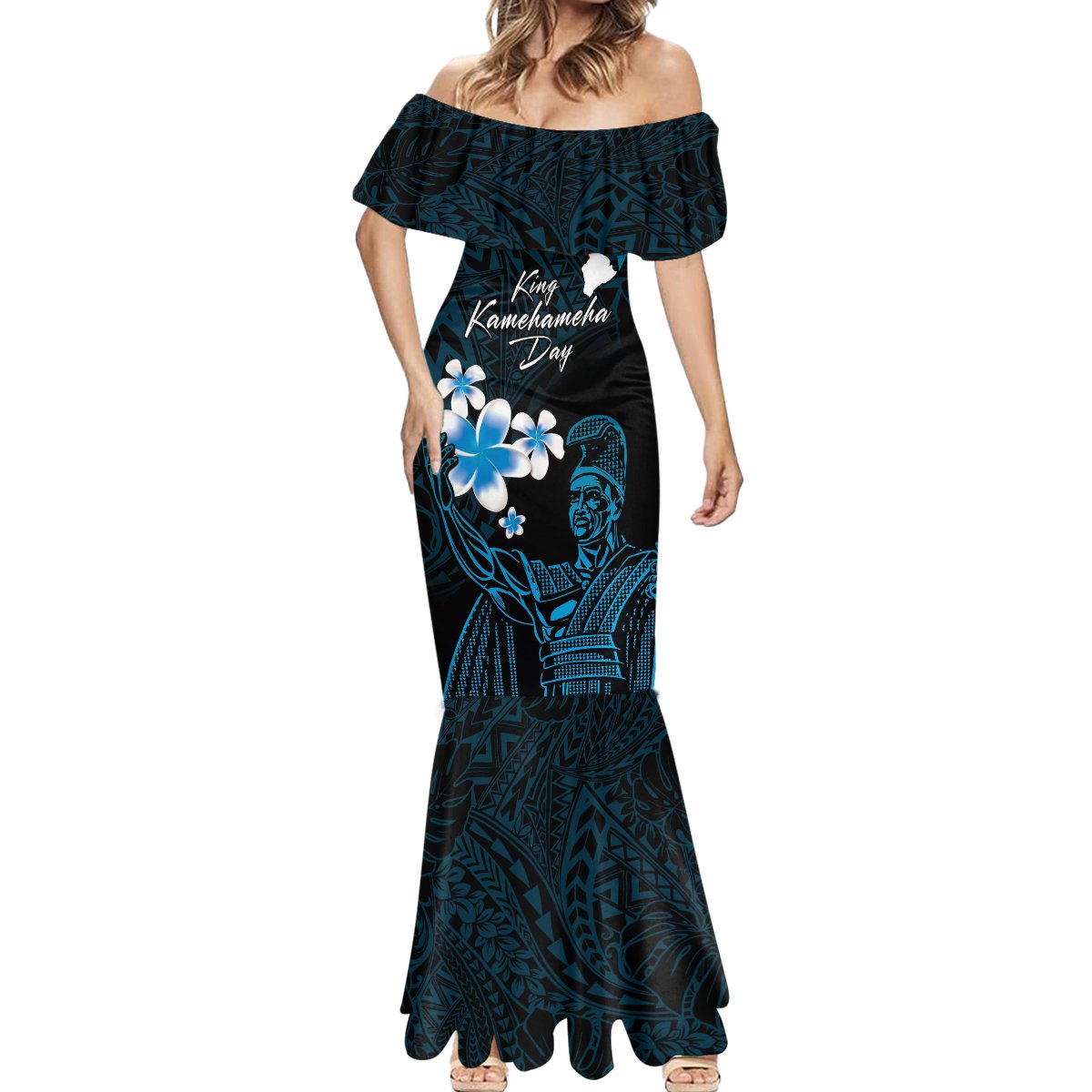 Personalised Hawaii King Kamehameha Day Mermaid Dress Plumeria With Kakau Pattern - Blue LT14 - Polynesian Pride