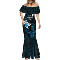Personalised Hawaii King Kamehameha Day Mermaid Dress Plumeria With Kakau Pattern - Blue LT14 - Polynesian Pride