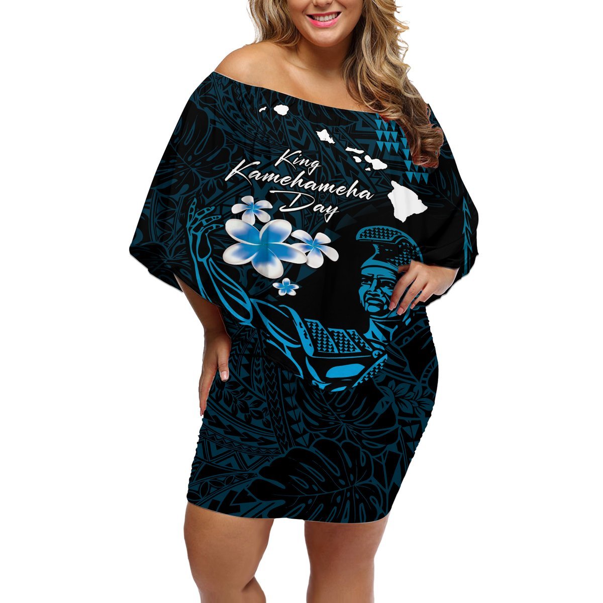 Personalised Hawaii King Kamehameha Day Off Shoulder Short Dress Plumeria With Kakau Pattern - Blue LT14 Women Blue - Polynesian Pride