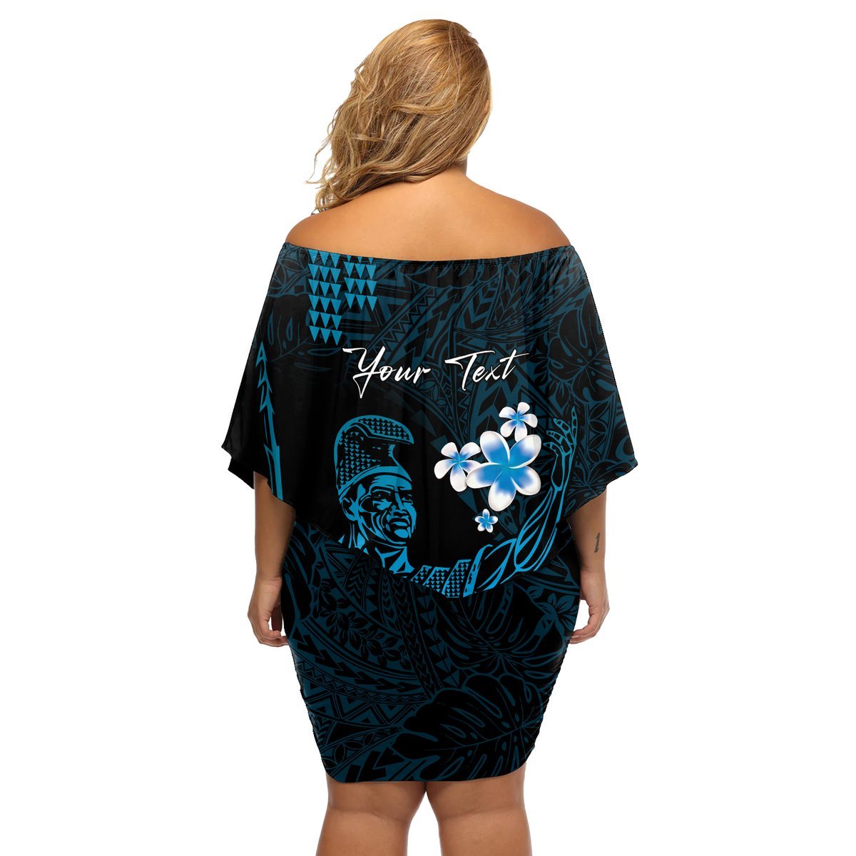 Personalised Hawaii King Kamehameha Day Off Shoulder Short Dress Plumeria With Kakau Pattern - Blue LT14 - Polynesian Pride