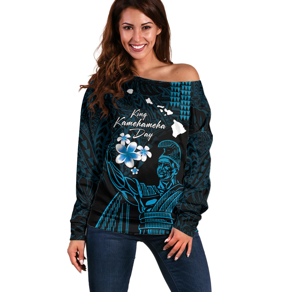 Personalised Hawaii King Kamehameha Day Off Shoulder Sweater Plumeria With Kakau Pattern - Blue
