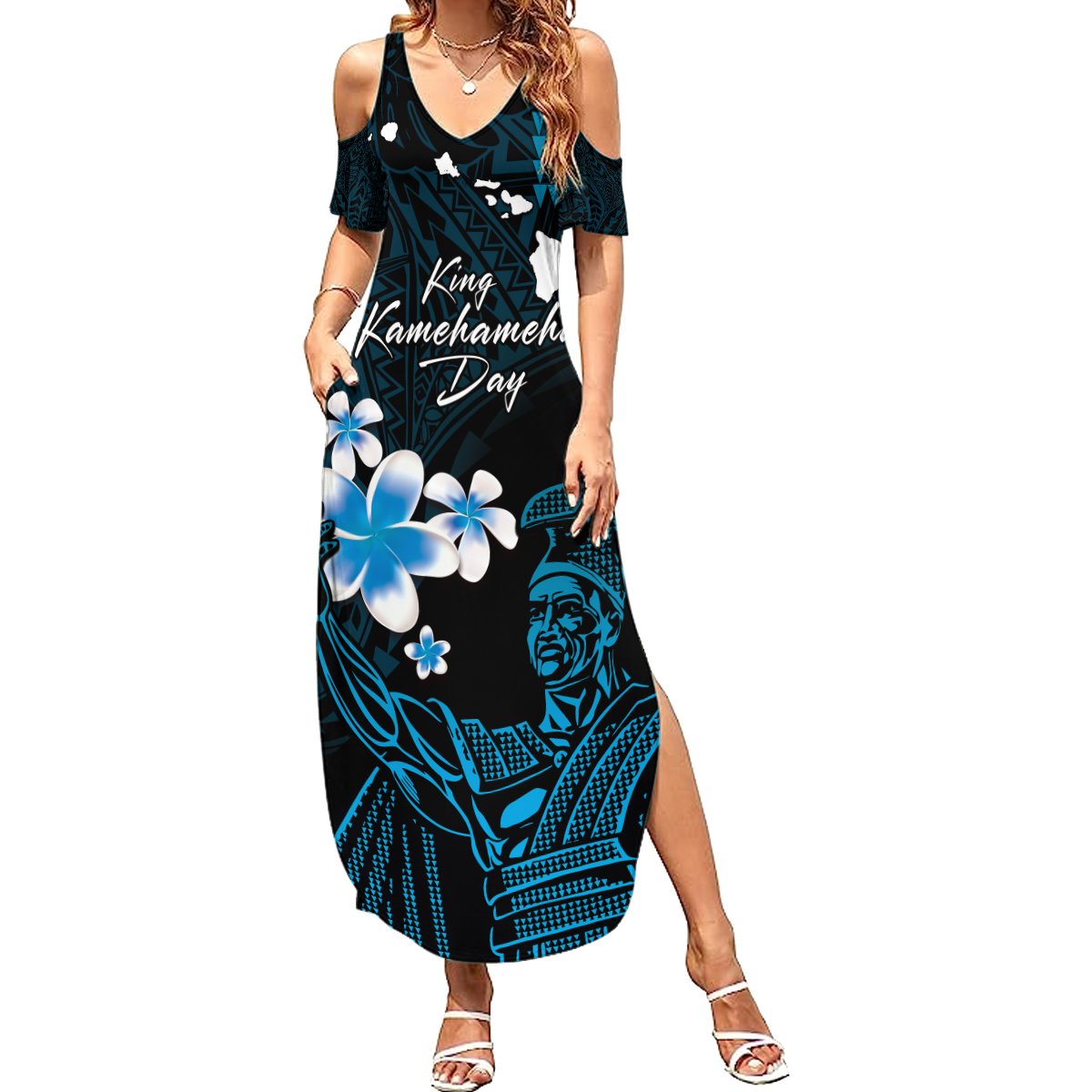 Personalised Hawaii King Kamehameha Day Summer Maxi Dress Plumeria With Kakau Pattern - Blue