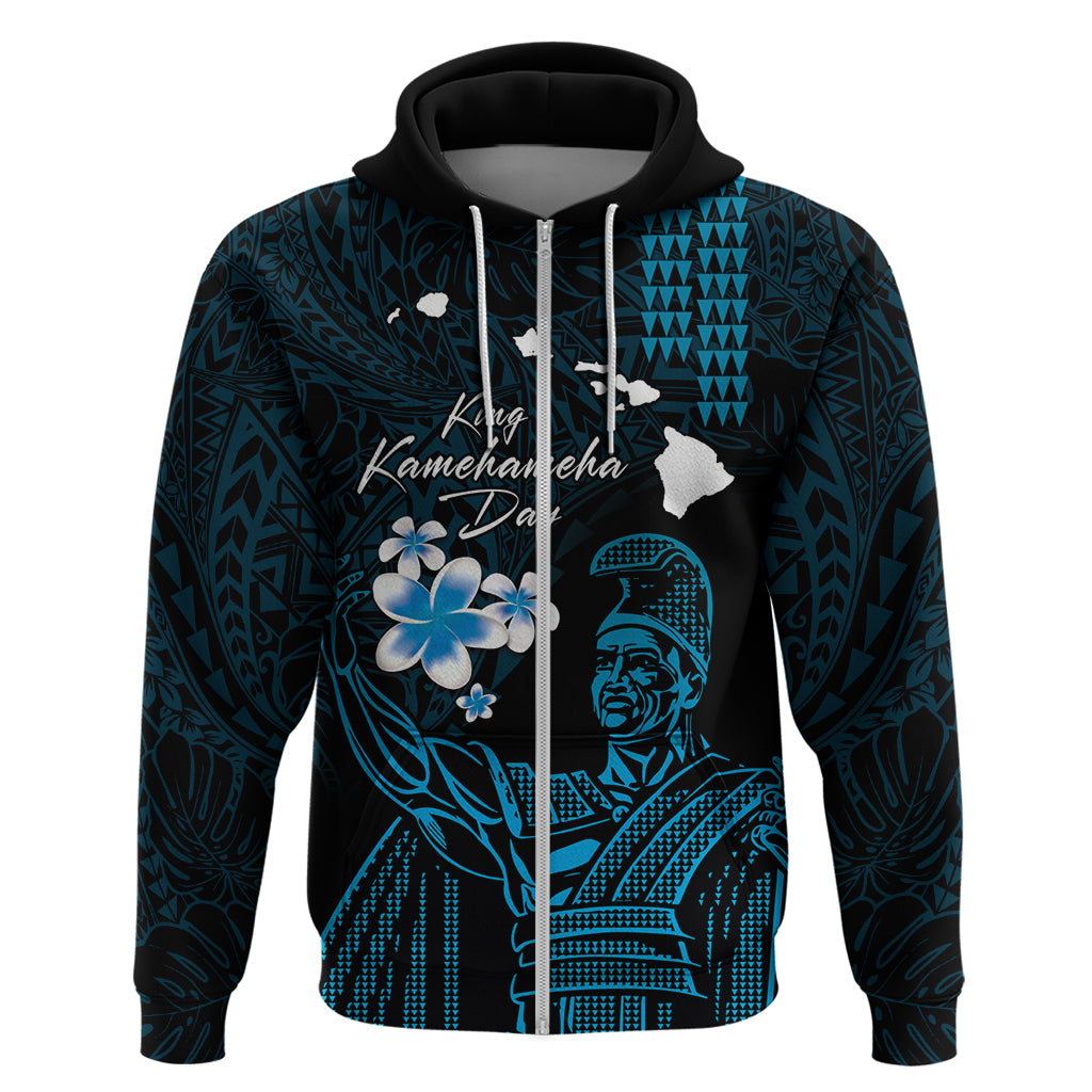Personalised Hawaii King Kamehameha Day Zip Hoodie Plumeria With Kakau Pattern - Blue LT14 Zip Hoodie Blue - Polynesian Pride