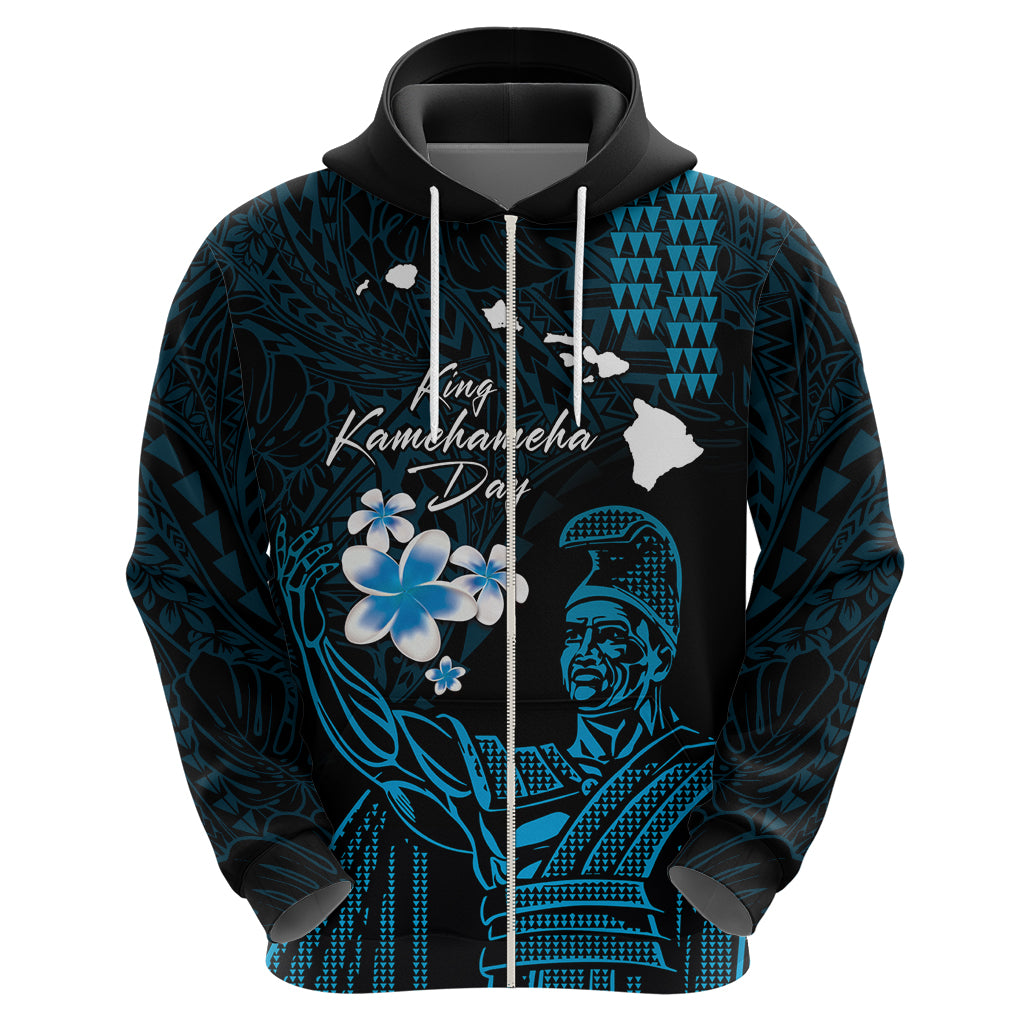 Personalised Hawaii King Kamehameha Day Zip Hoodie Plumeria With Kakau Pattern - Blue LT14 - Polynesian Pride