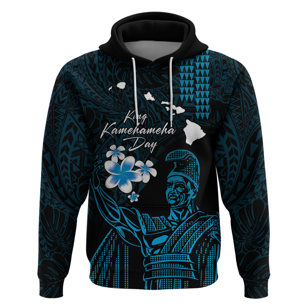 Personalised Hawaii King Kamehameha Day Zip Hoodie Plumeria With Kakau Pattern - Blue LT14 Pullover Hoodie Blue - Polynesian Pride