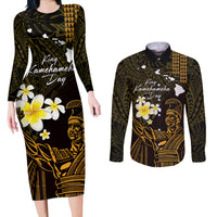 Personalised Hawaii King Kamehameha Day Couples Matching Long Sleeve Bodycon Dress and Long Sleeve Button Shirt Plumeria With Kakau Pattern - Gold LT14 Gold - Polynesian Pride