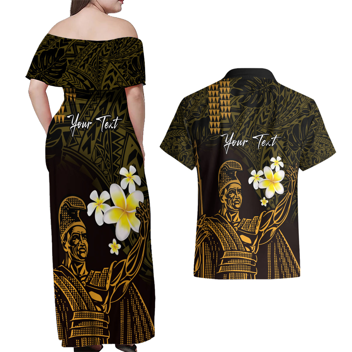 Personalised Hawaii King Kamehameha Day Couples Matching Off Shoulder Maxi Dress and Hawaiian Shirt Plumeria With Kakau Pattern - Gold LT14 - Polynesian Pride
