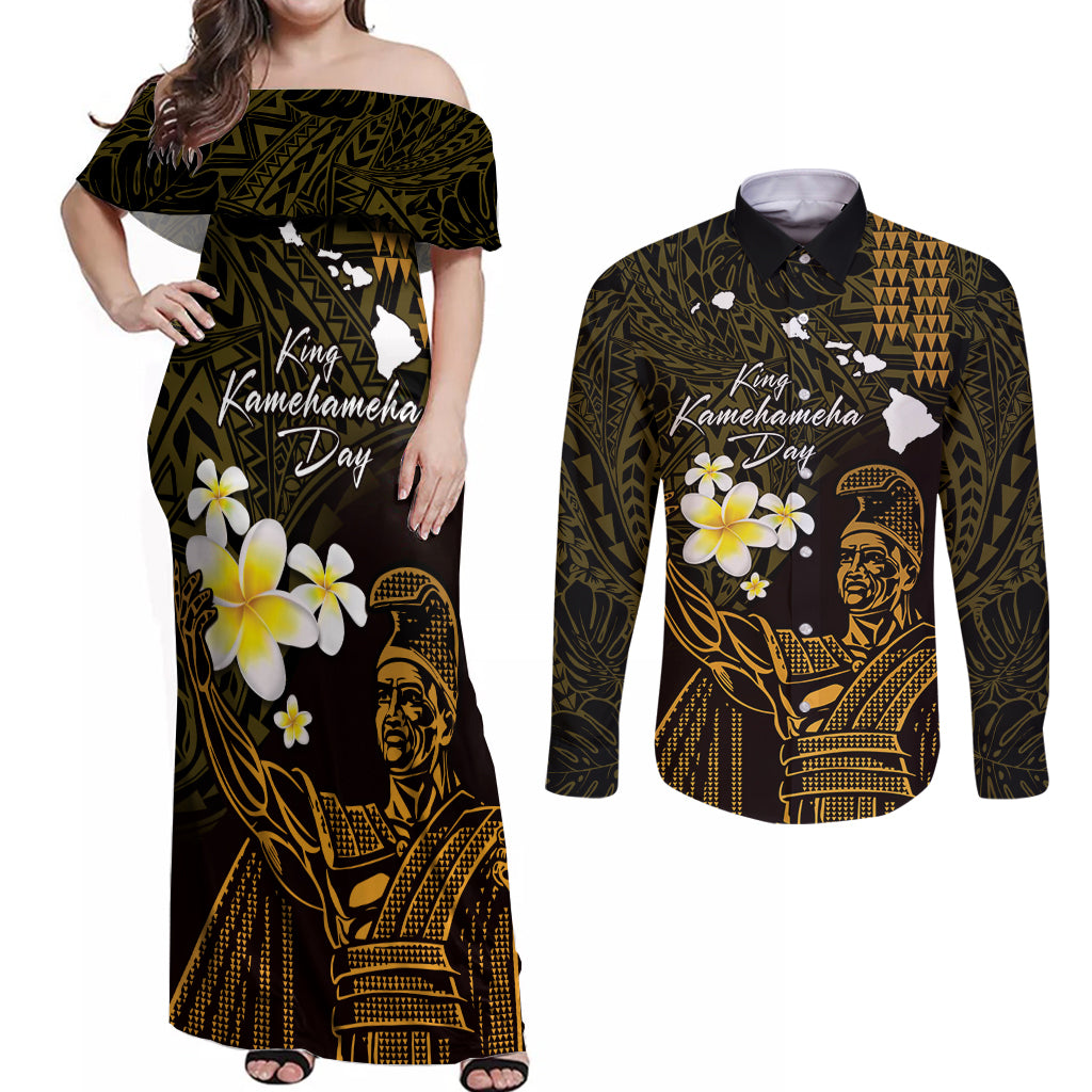 Personalised Hawaii King Kamehameha Day Couples Matching Off Shoulder Maxi Dress and Long Sleeve Button Shirt Plumeria With Kakau Pattern - Gold LT14 Gold - Polynesian Pride
