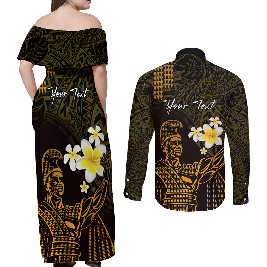 Personalised Hawaii King Kamehameha Day Couples Matching Off Shoulder Maxi Dress and Long Sleeve Button Shirt Plumeria With Kakau Pattern - Gold LT14 - Polynesian Pride
