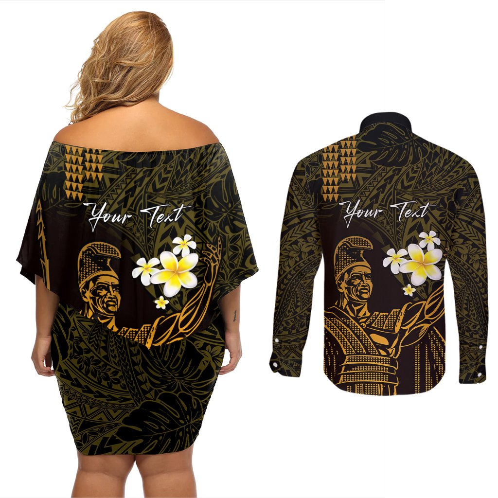 Personalised Hawaii King Kamehameha Day Couples Matching Off Shoulder Short Dress and Long Sleeve Button Shirt Plumeria With Kakau Pattern - Gold LT14 - Polynesian Pride