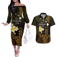 Personalised Hawaii King Kamehameha Day Couples Matching Off The Shoulder Long Sleeve Dress and Hawaiian Shirt Plumeria With Kakau Pattern - Gold LT14 Gold - Polynesian Pride