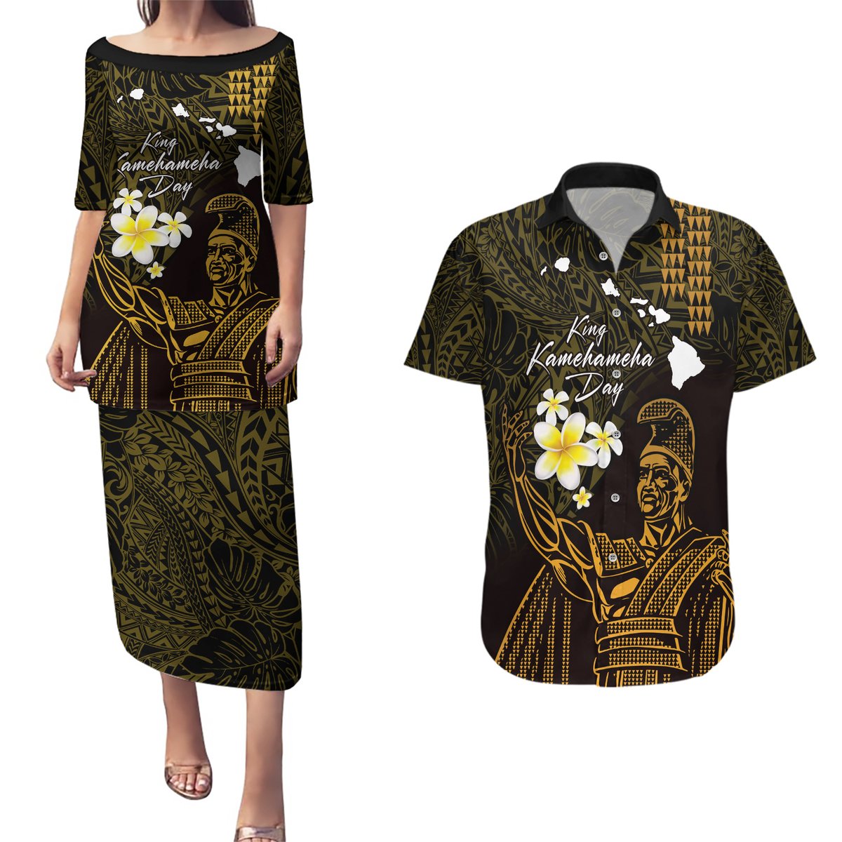 Personalised Hawaii King Kamehameha Day Couples Matching Puletasi and Hawaiian Shirt Plumeria With Kakau Pattern - Gold LT14 Gold - Polynesian Pride