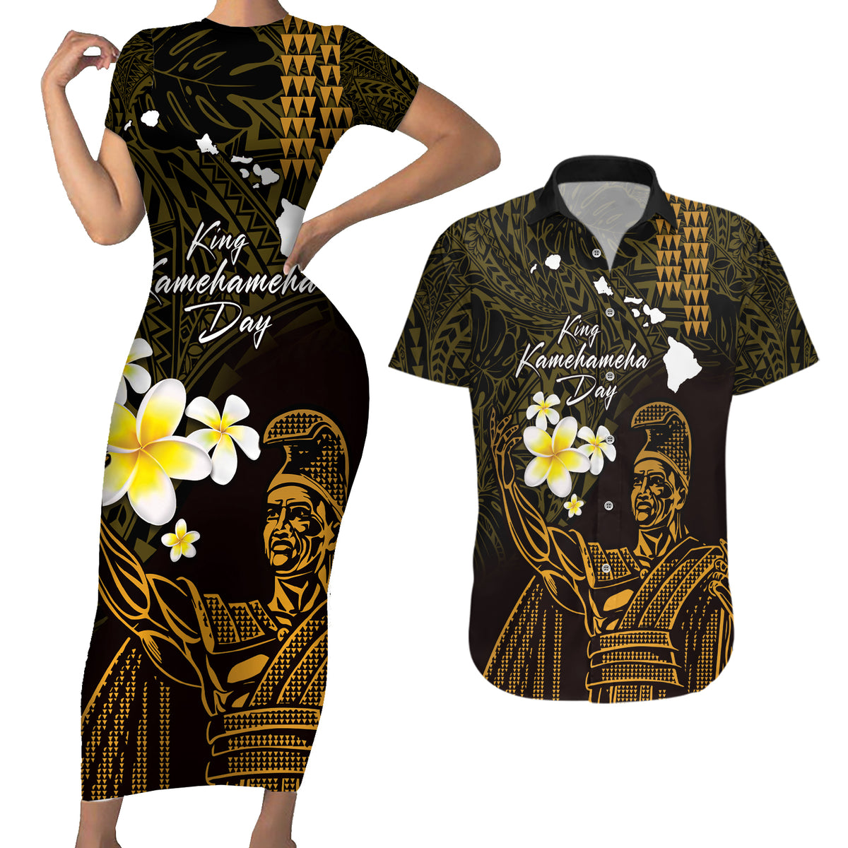 Personalised Hawaii King Kamehameha Day Couples Matching Short Sleeve Bodycon Dress and Hawaiian Shirt Plumeria With Kakau Pattern - Gold LT14 Gold - Polynesian Pride