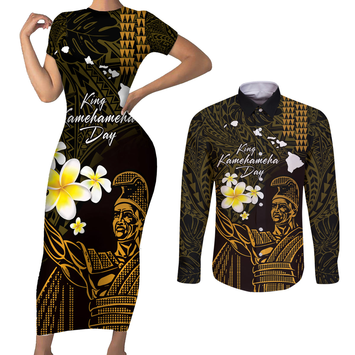 Personalised Hawaii King Kamehameha Day Couples Matching Short Sleeve Bodycon Dress and Long Sleeve Button Shirt Plumeria With Kakau Pattern - Gold LT14 Gold - Polynesian Pride