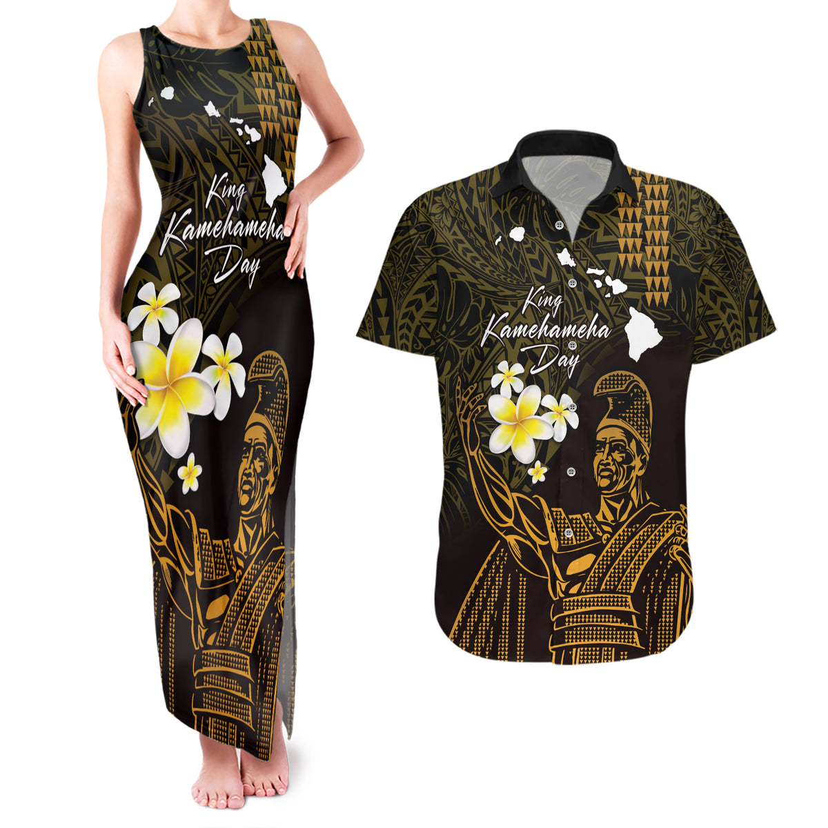 Personalised Hawaii King Kamehameha Day Couples Matching Tank Maxi Dress and Hawaiian Shirt Plumeria With Kakau Pattern - Gold LT14 Gold - Polynesian Pride